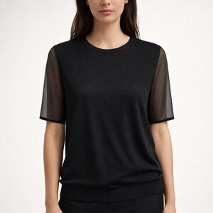 MANGO Sheer Sleeve Knit Tee Black Rib Crew Neck Size M